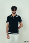 NoirKnit | Black Textured Knit Polo T-Shirt