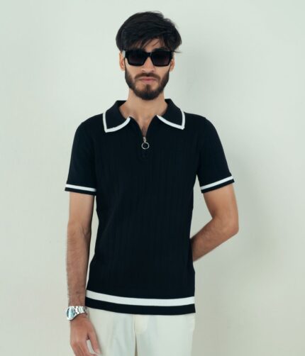 NoirKnit | Black Textured Knit Polo T-Shirt