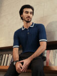 Naverio | Navy Blue Cable Knit Polo Shirt
